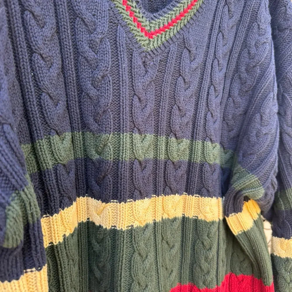 Vintage 90s Roundtree and York Dark Primary Color Stripe Fisherman Sweater XL